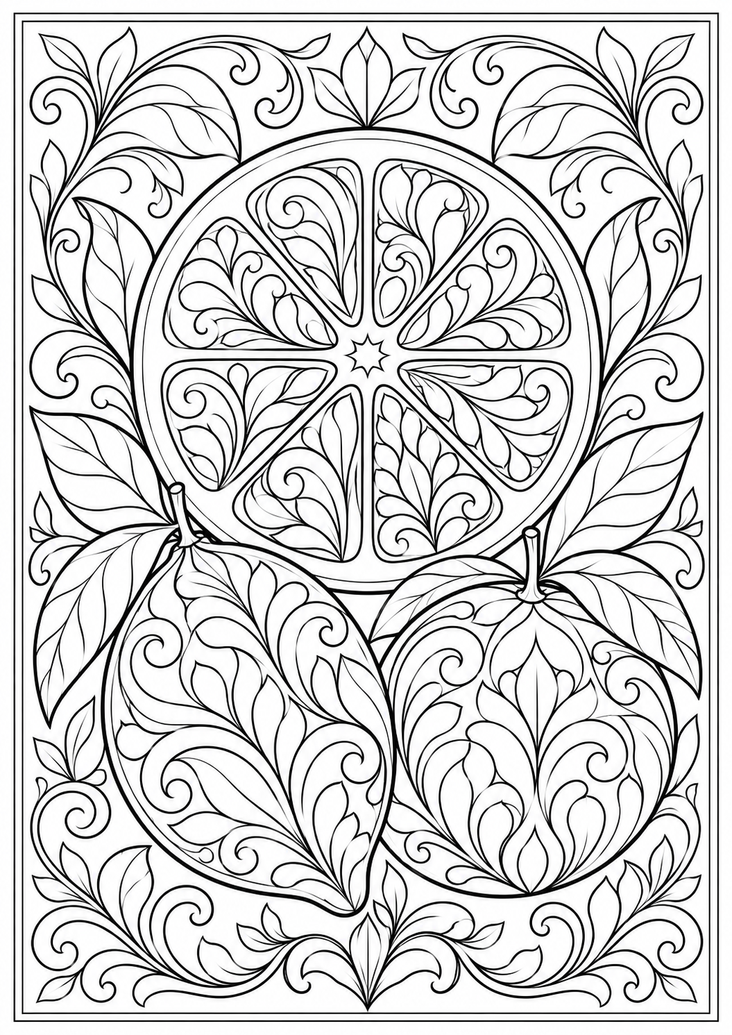 Fruit & Food Patterns & Mandalas — black and white colouring pages